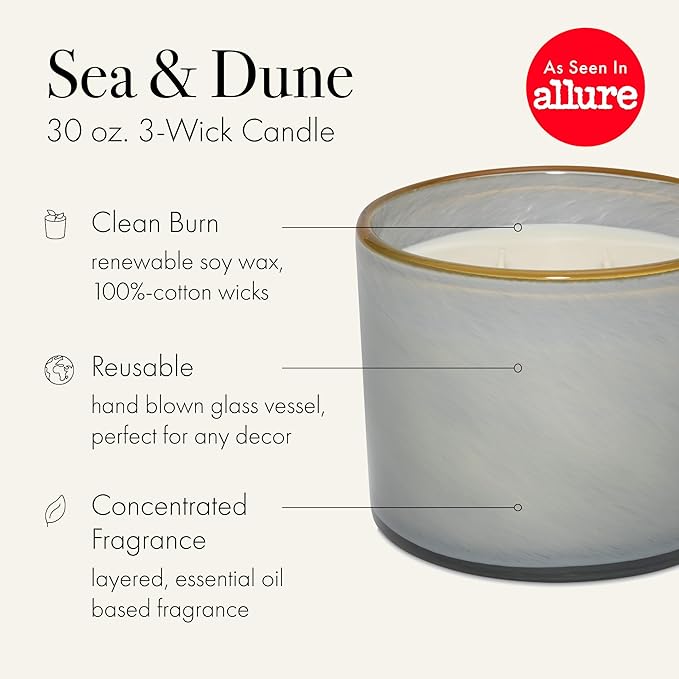 LAFCO New York 3-Wick Candle, Sea & Dune - 30 oz - 120-Hour Burn Time - Reusable, Hand Blown Glass Vessel - Made in The USA