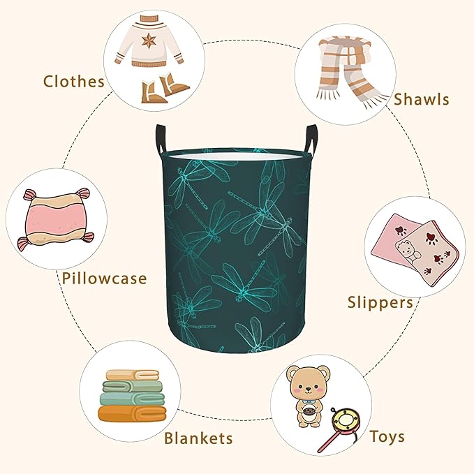 Dragonfly Green Laundry Basket,Waterproof Foldable Laundry Hamper,Dirty Clothes Laundry Basket, Linen Bin Storage Organizer for Toy Collection 16" x 20"
