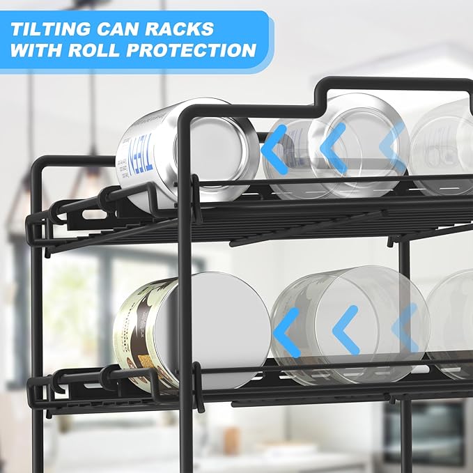 4 Tiers Stackable Can Rack Organizer, Wear-resistant Upgrade Beverage Food Can Dispenser Holder Holds up to 48 Cans for Kitchen Cabinet and Pantry (Black)