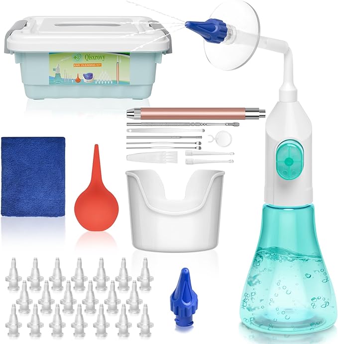Ear Wax Removal Tool, Ear Cleaning Kits Safe Ear Irrigation Kit Ear Flush Kit for Adults Kids, Ear Wax Washer Device with LED Earwax Spoon, Basin, Bulb, Curette Kit, Towel,Tips,Storage Box,Green,50pcs