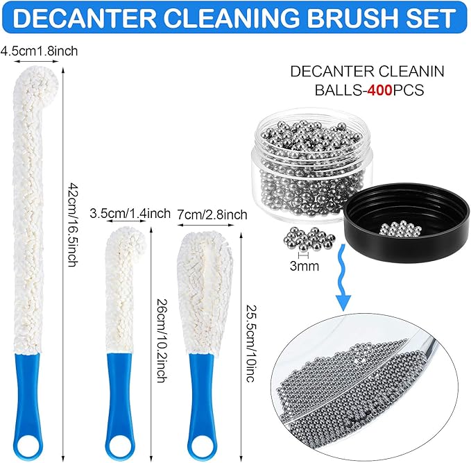 3 Pieces Decanter Cleaning Brush Flexible Bottle Scourer and 400 Pieces Reusable Decanter Cleaning Beads Household Cleaning Tools for Wine Decanters Goblets Glasses Cups (Blue Handle)