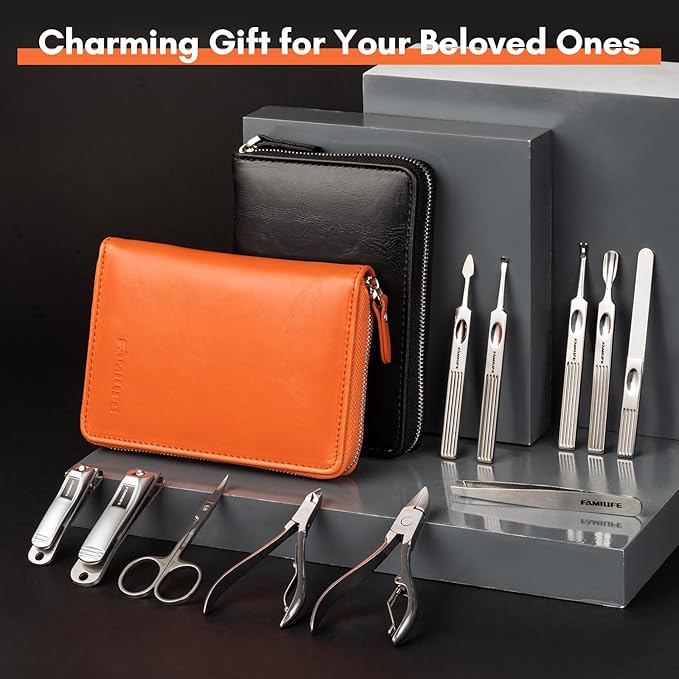 FAMILIFE Professional Manicure Set, Manicure Kit, Nail Clippers Set, 11 in 1 Stainless Steel Orange Pedicure Tool, Nail Kit with Portable Leather Travel Case Luxury Gifts