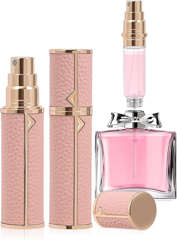 Refillable Travel Perfume Bottle – Fine Mist Atomizer, Bottom Fill, Genuine Leather Shell, TSA Approved, For Daily Refresh & Travel (Pink, 10ml)