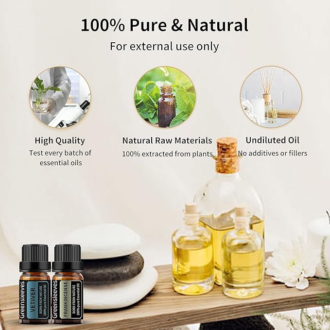 GREENSLEEVES Frankincense Vetiver Essential Oil Set, 2 x 10ml Pure Plant-Based Fragrance Oil for Aromatherapy, Essential Oils for Diffuser, Massage, Bath Bomb, Scented Candle Soap Making