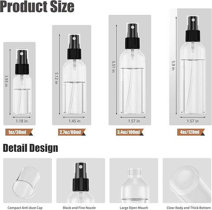 100PCS Small Travel Spray Bottle, 1oz/30ml Clear Fine Mist Plastic Empty Refillable Spray Bottle for Skin Care, Hair Care, Plant Care & Home Cleaning