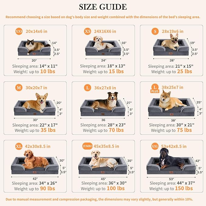 Comfort Expression Orthopedic Dog Bed for Large Dogs 38x25 Inch, Waterproof Supportive Egg Crate Foam Large Pet Bed with Removable Bolsters, Dog Couch with Washable Cover & Non-Slip Bottom, Dark Grey