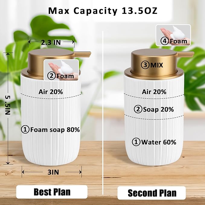 Soap Foaming Dispenser Ceramic with Easy-to-Press Pump Hand Foam Dispenser for Shampoo Bathroom Countertop 13.5 oz