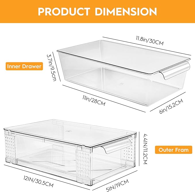 2 Pack Clear Stackable Storage Drawers, 3.95" H Easily Assemble Acrylic Organizer Bins - Multi-Use for Make up, Closet, Pantry, Bathroom, Medicine, Kitchen Cabinet & Undersink Organization