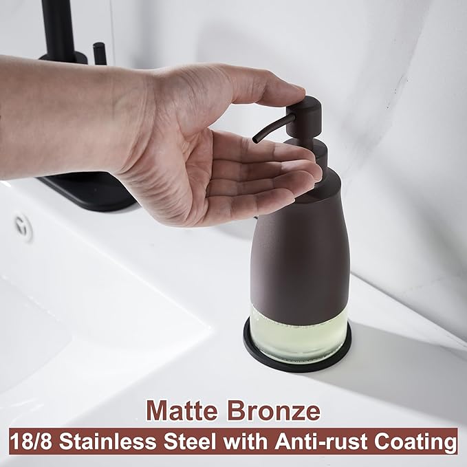 Gaussra Bronze Soap Dispenser with Coaster and Stickers, Stainless Steel and Glass Bottle Hand Pump Dispenser, Refillable Liquid Hand Soap Dispenser for Bathroom & Kitchen (11OZ / 320ML)