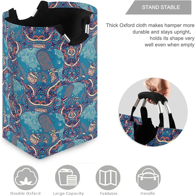 visesunny Vintage Elephant Animal Large Laundry Bag Collapsible Oxford Fabric Laundry Hamper Foldable Portable Laundry Basket with Handles for Bathroom, Bedroom, Home