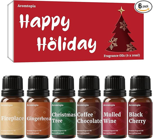 Fragrance Oil Holiday Set, Aromtopia Essential Oils for Candle Soap Making, 6x10ml, Diffuser Oils Scents, Winter Fragrance Oils, Christmas Tree, Coffee Chocolate, Black Cherry, More
