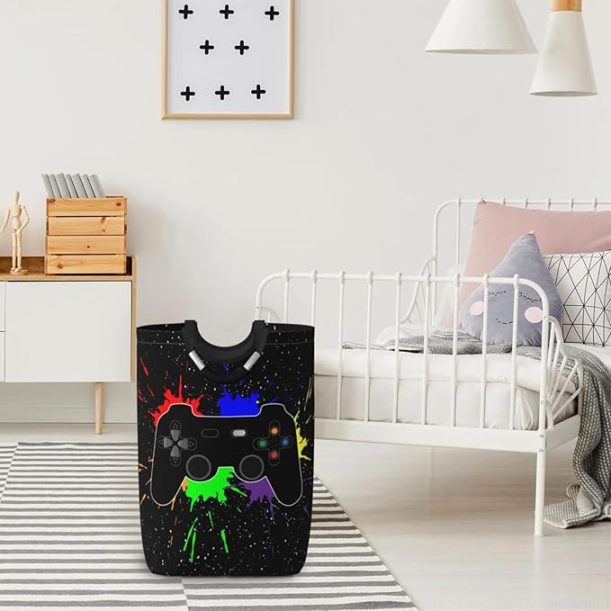 Gaming Joystick Large Laundry Hamper Bag With Waterproof Liner - Video Game Theme Laundry Basket Foldable Clothes Storage Organizer For Bathroom Bedroom Nursery Dorm