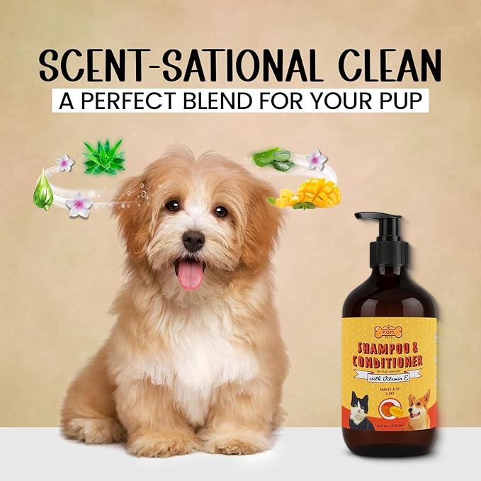 POM Pets 2-in-1 Organic Dog Shampoo & Conditioner – Itchy Skin Relief, Dog Deshedding, Detangles Fur, Cat Shampoo, Paw Cleaner for Dogs, Natural Coat Defense Formula