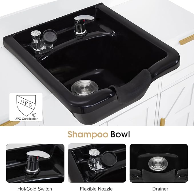 BarberPub Portable Shampoo Station, Shampoo Bowl with Cabinet & Drawer, Salon Geometric Finish Station with Sprayer Faucet, Barber Storage Equipment with Hair Wash Backwash Sink 3439 (White & Black)