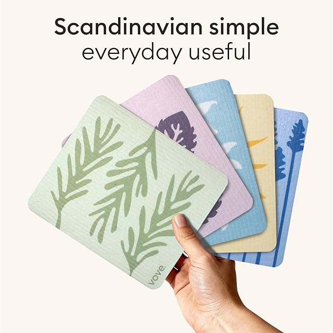 Vove Swedish Dishcloths 5-Pack, Nordic Nature - FSC Certified Cellulose & Cotton, Oeko-TEX Standard 100, Reusable Washable Kitchen Cleaning Cloths, Eco Friendly Floral Design