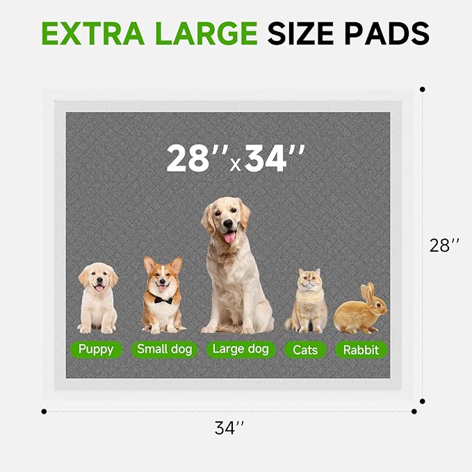 Charcoal Puppy Pads 28x34 Inches Extra Large Dog Pee Pads Odor-Control & Leak-Proof Disposable Pet Training Black New Edge-Wrapping Thicken Potty Pad for Dogs, Cats, Rabbits