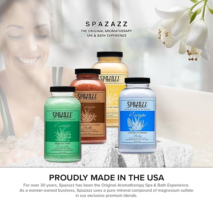 Hot Tub & Spa Bath Salt Aromatherapy Crystals Gift Set - Spazazz Escape Collection Bundle 4-Pack (22oz Each) - Lavender Palmarosa, Verbena Lime Coconut, Green Tea Peony, White Musk Vanilla Jasmine
