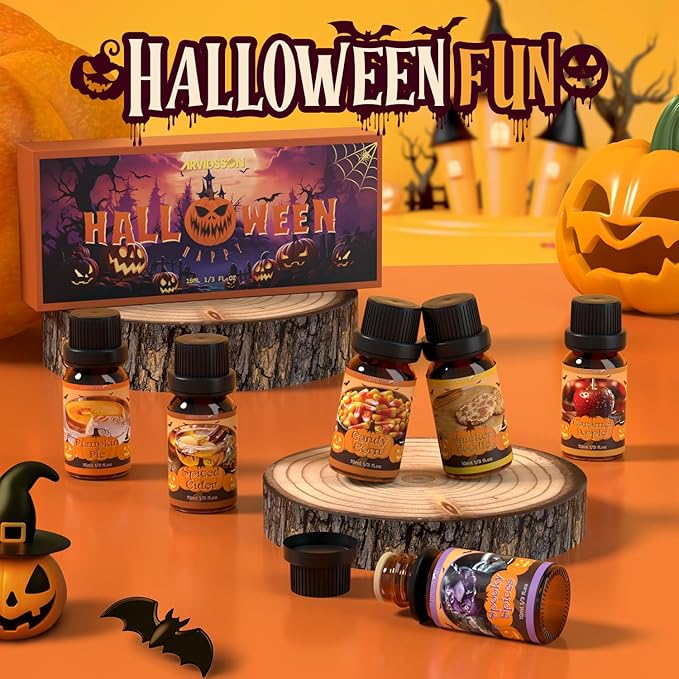 Halloween Fragrance Oils Set, ARVIDSSON Fall Essential Oils for Diffuser - Pumpkin Pie, Spiced Cider, Caramel Apple, Candy Corn, Snickerdoodle, Spooky Spices, Autumn Scented Oil Gift for Women