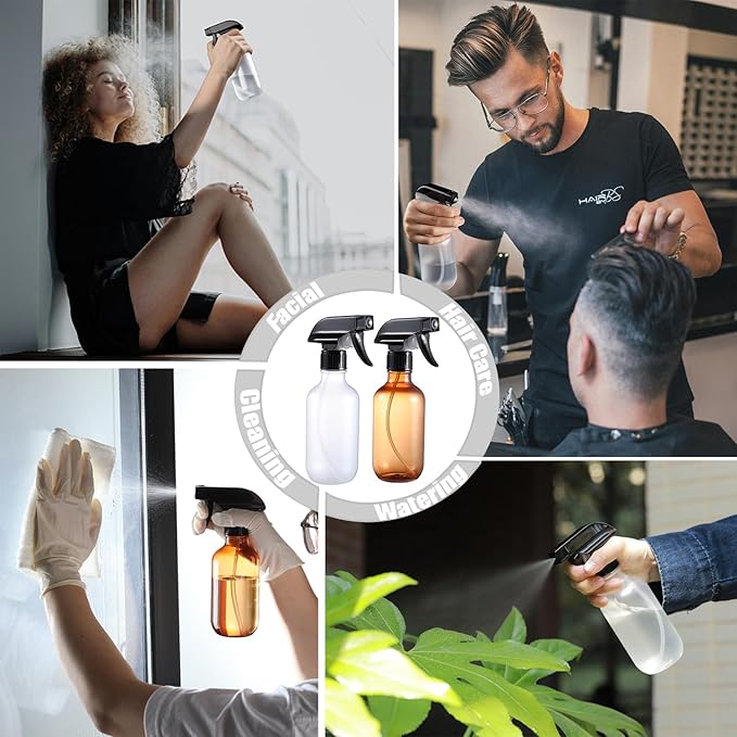Water Spray Bottle for Hair, Small Squirt Bottle Amber & Frosted Clear, 10.1 oz Refillable Empty Mister Spray Bottles with Adjustable Mist/Stream for Hair, Plant, Pet, Cleaning, Cooking