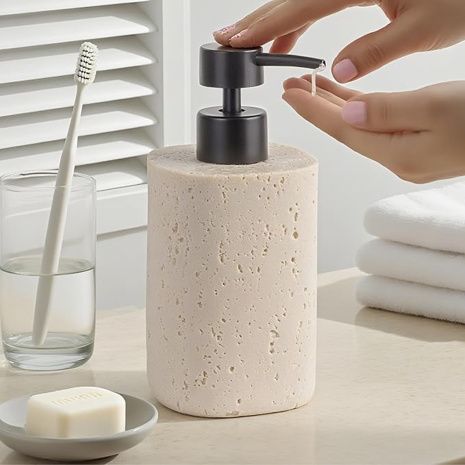 2 Pack Beige Resin Soap Dispensers, Refillable Liquid Lotion Dispenser Bottles with Travertine-Look for Bathroom and Kitchen Countertop, Modern Stone Texture (10.8 oz)