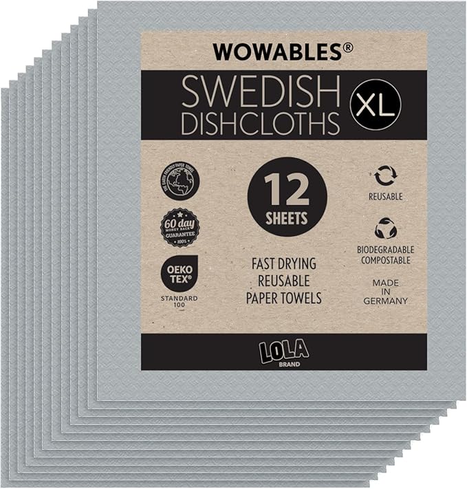 LOLA Wowables XL Swedish Dishcloths, 12 Reusable Eco Cleaning Cloths, 11" x 10", Ultra Absorbent Cellulose Sponge Towel, Compostable, Made in Germany
