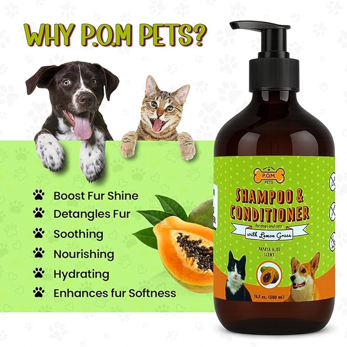POM Pets 2-in-1 Organic Dog Shampoo & Conditioner – Itchy Skin Relief, Dog Deshedding, Detangles Fur, Cat Shampoo, Paw Cleaner for Dogs, Natural Coat Defense Formula