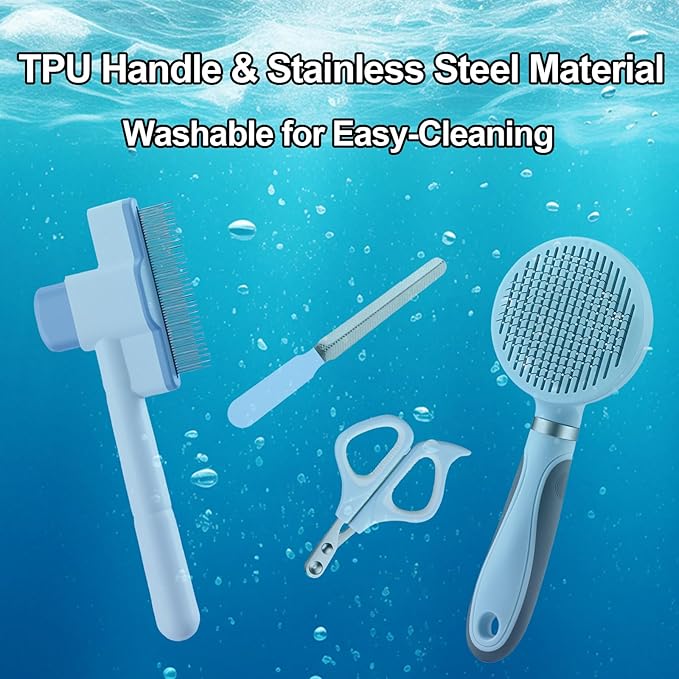 Cat Grooming Kit, 4-in-1 Cat Grooming Tools with Cats Brush, Flea Comb, Nail Clipper & Trimmer - Deshedding & Dematting for Pets Hair and Paws, Pet Shedding Set for Indoor Dogs & Cats (Blue)