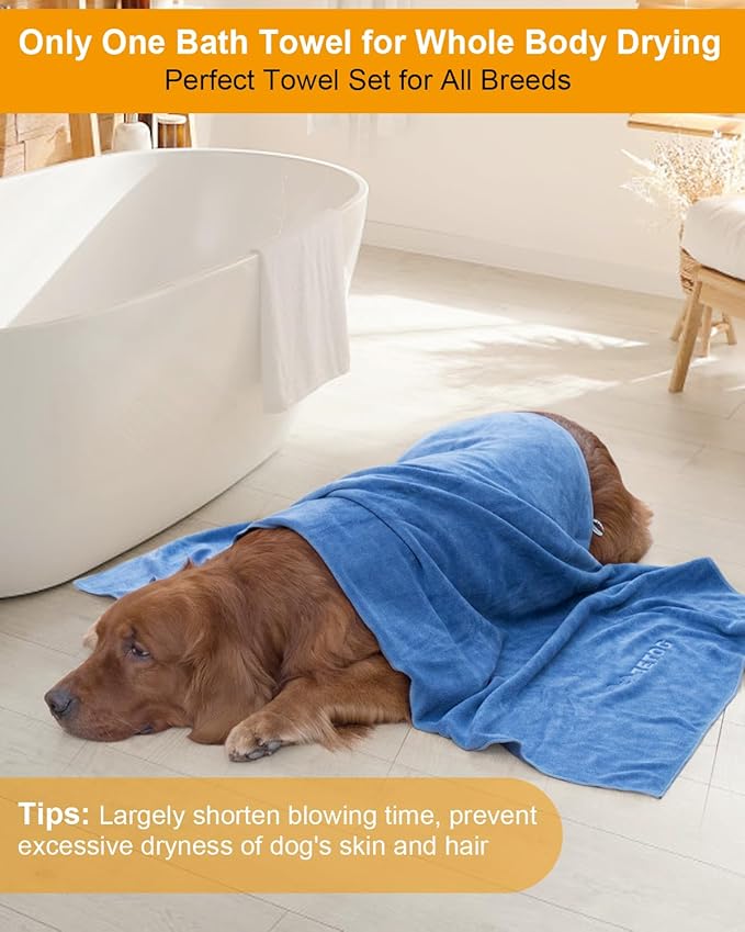 2-PCS Fast Drying Dog Towels - 56 x 28 Inch Ultra Soft & Absorbent Large Dog Towel with 30 x 14 Inch Daily Use Paw Towel - 100% Microfiber Pet Bath Grooming Towels for Dogs Cats, Blue