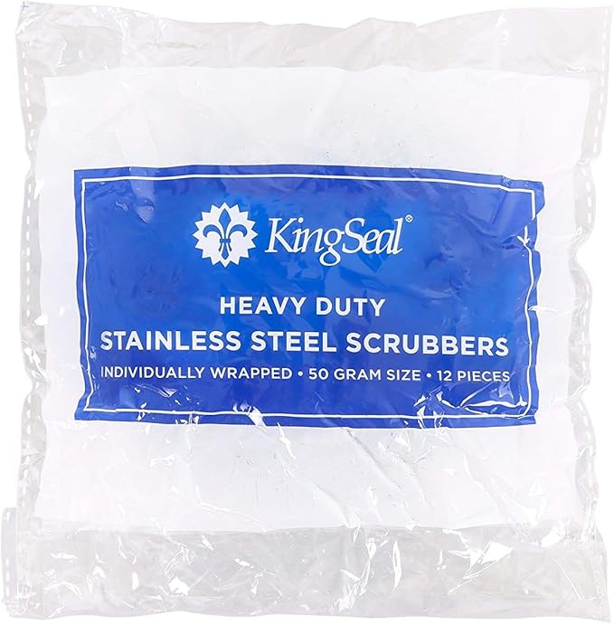 12 Count | KingSeal Stainless Steel Scrubbers, Scrub Pads, Heavy Duty, 50 gram Weight, Individually Wrapped - 1 Pack of 12