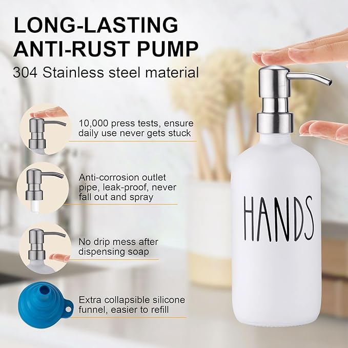 Glass Soap Dispenser for Kitchen,Farmhouse Kitchen Dish Hand Soap Dispenser Set,Rustproof Pump Soap Lotion Dispenser Set with Tray and Dish Brush,Kitchen Decor White-Silver Pump