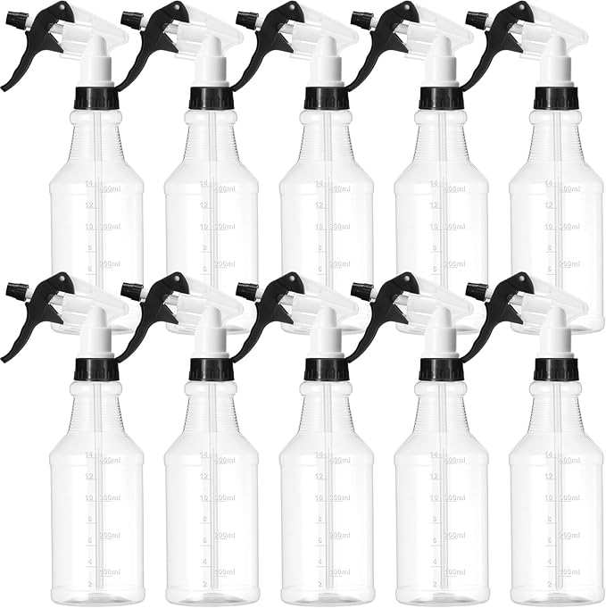 10 Pack Spray Bottles 16 oz Empty Water Spray Bottles for Cleaning Heavy Duty Refillable Squirt ‌container with Measurements Adjustable Nozzle for Household (Black and White,Clear Style)