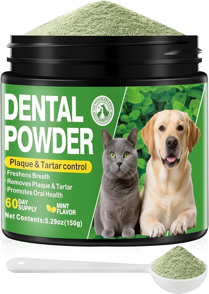 Dog Teeth Cleaning Powder, Dog Dental Powder and Cats Breath Freshener, Plaque Off, Bad Breath & Tartar Remover for Dogs, Dog Teeth Cleaning with Enzymes- 60-Day Supply -Mint Flavor
