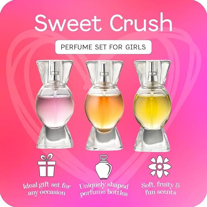 Sweet Crush Perfume Set for Teen Girls, Body Spray Perfume for Kids, Girls 10-12 & Teens, Fashion Collection Girl Gift Set, 3 Candy-Shaped Perfumes
