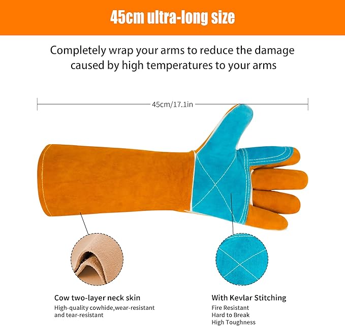 17.7In Cat Gloves, Animal Handling Gloves Bite Proof with Double Leather Pet Grooming for Cats & Dogs