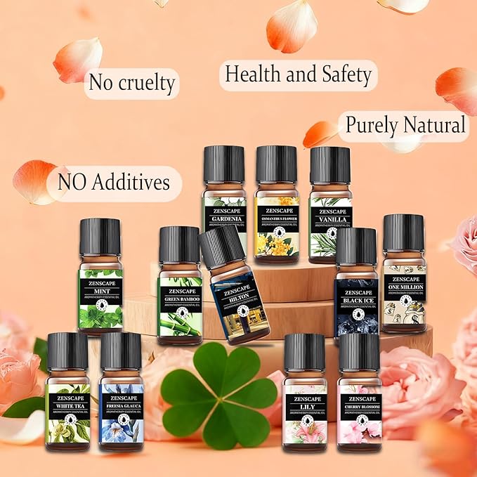 Home Diffuser Essential Oils: 12-Piece 10ml Set with Freesia, Vanilla, Peppermint, Kid/Pet Safe