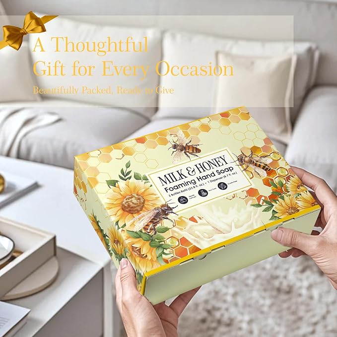 ROMIIE ZOI Foaming Hand Soap Refill Gift Set – Honey & Milk Scent – 3 Pack (1000ML Each) with Dispenser – Gentle & Moisturizing Plant-Based Formula – Bulk Refill Bottles for Bathroom & Kitchen Use