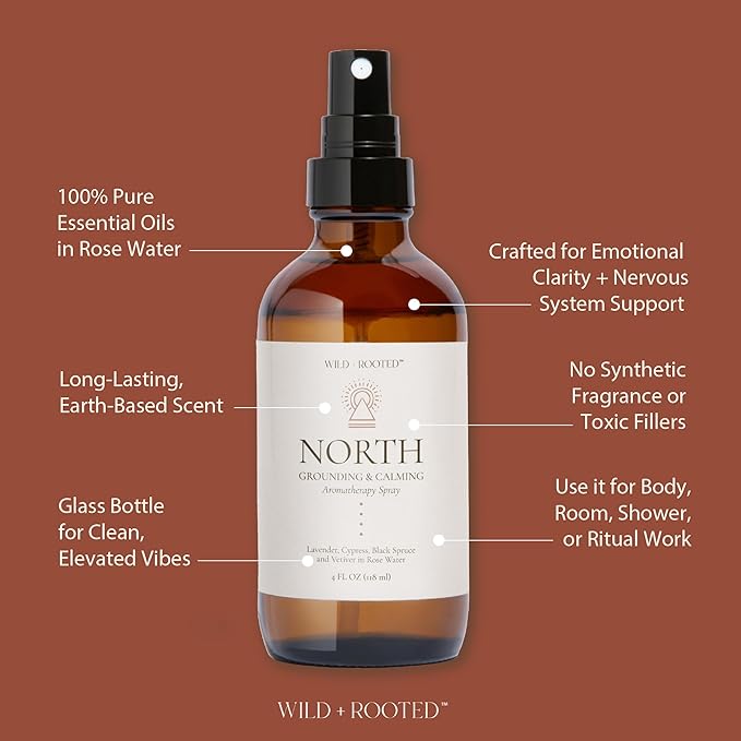 North Aromatherapy Room & Body Spray | Long-Lasting, All Natural Essential Oil Spray - Lavender, Cypress, Black Spruce, Vetiver in Rose Water | Calming & Grounding - 4oz