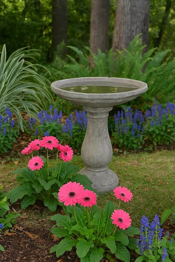Solid Rock Stoneworks Classic Concrete Birdbath – 24” Tall Outdoor Garden Accent – Heavy-Duty Handcrafted Cement Bird Bath – Weather Resistant Yard Décor – Made in USA