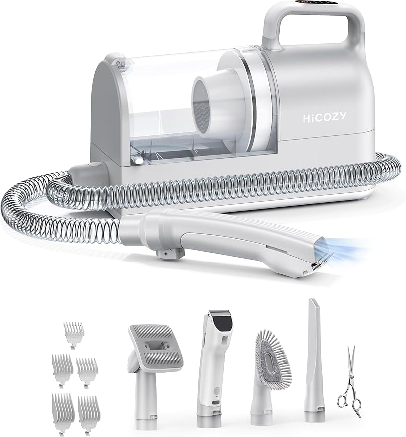 Hicozy S1+ Dog Grooming Vacuum, 12000Pa Minimum 50dB Quiet Dog Vacuum for Shedding Grooming with 2L Dust Cup, 6 Professional Pet Accessories with Clippers, Gray