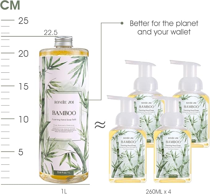 ROMIIE ZOI Foaming Hand Soap Refill Gift Set – 3 Pack (1000ML Each) with Dispenser – Bamboo Scent – Gentle & Moisturizing Plant-Based Formula – Bulk Refill Bottles for Bathroom & Kitchen Use
