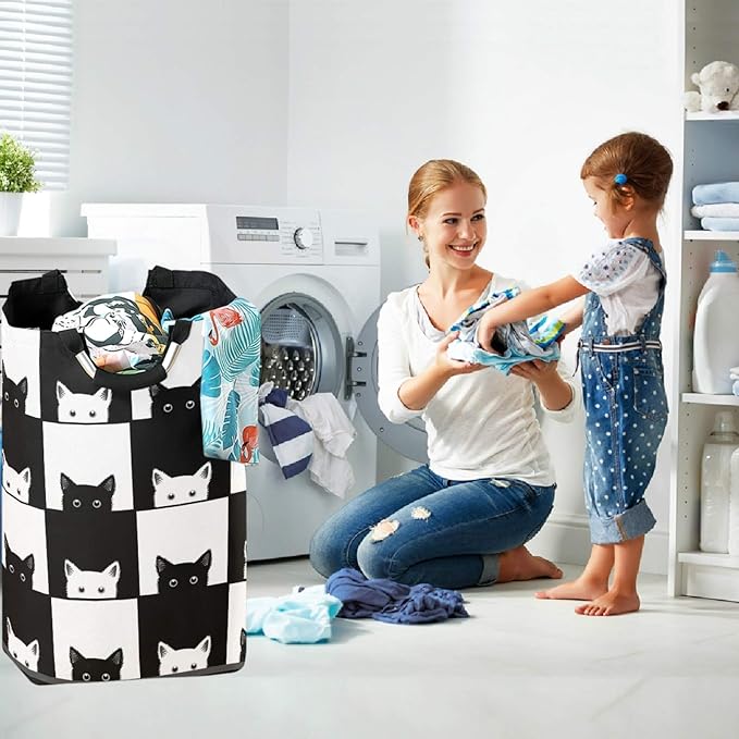 visesunny Black White Cat in the Grid Animal Large Laundry Hamper with Handle Foldable Durable Clothes Hamper Laundry Bag Toy Bin for Bathroom, Bedroom, Dorm, Travel