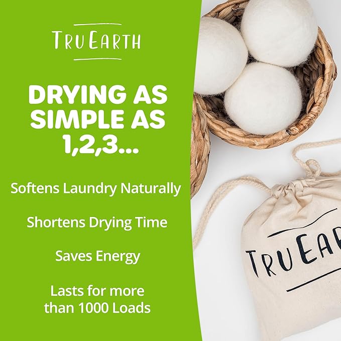 Tru Earth Wool Dryer Balls, Set of 4 XL 100% Wool Anti-Static Balls for Laundry, Reusable & All Natural