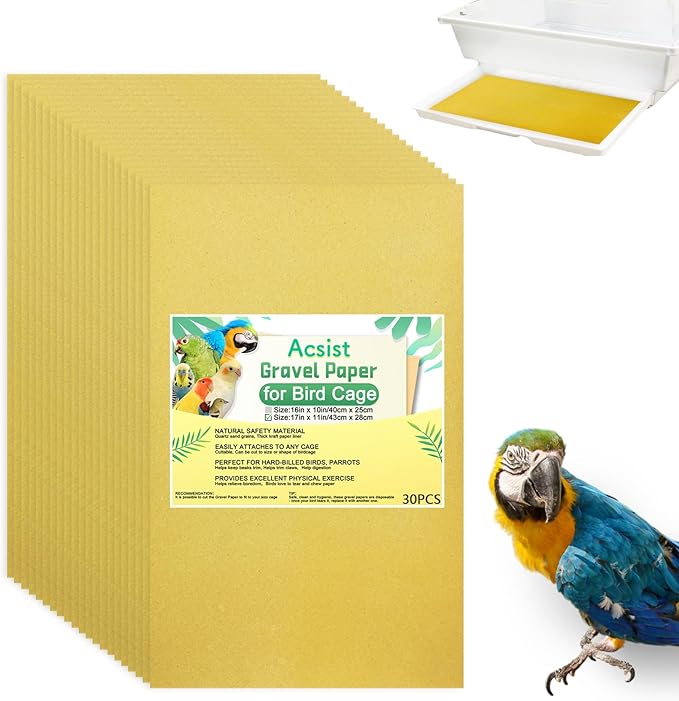 30PCS Gravel Paper for Bird Cage, 17 x 11 inch Cuttable Sea Sand Paper Liners, Calcium Sandpaper for Hard-Billed Birds, Bird Cage Liners for Parrots,Cockatiels & All Your Feathered Friends