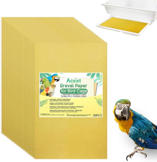 30PCS Gravel Paper for Bird Cage, 17 x 11 inch Cuttable Sea Sand Paper Liners, Calcium Sandpaper for Hard-Billed Birds, Bird Cage Liners for Parrots,Cockatiels & All Your Feathered Friends