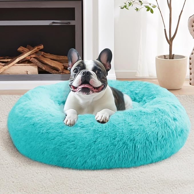 JOLLYVOGUE Small Dog & Cat Beds for Indoor Cats, Donut Cuddler Warming Soft Dog Beds with Anti-Slip Bottom, Round Calming Fluffy Plush Faux Fur Cushion Bed for Large Dogs (36", Aqua Blue)