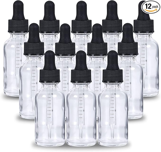 2 oz Dropper Bottle 12 Pack Clear Glass Boston Bottles 60ml with Eye Droppers Black Caps for Essential Oils, Perfume, Leak Proof Travel Bottles for Liquids