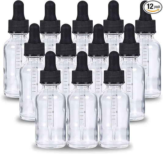 2 oz Dropper Bottle 12 Pack Clear Glass Boston Bottles 60ml with Eye Droppers Black Caps for Essential Oils, Perfume, Leak Proof Travel Bottles for Liquids