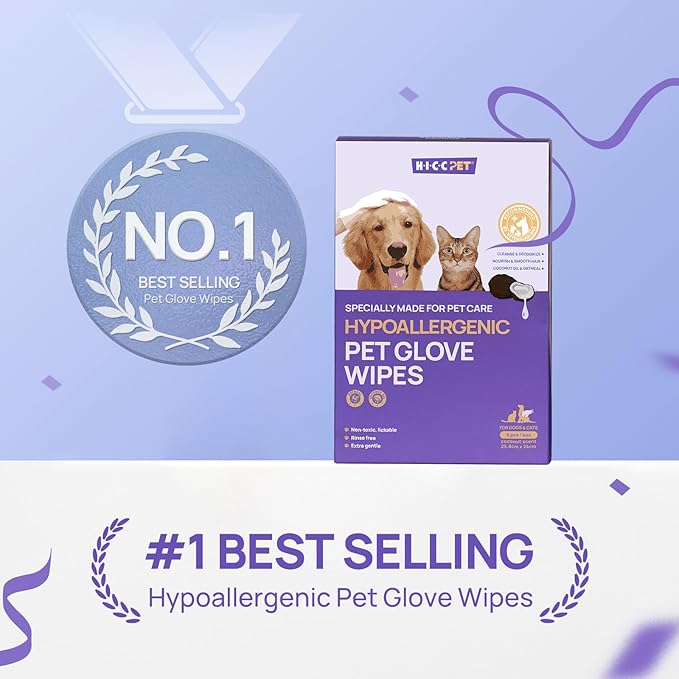 HICC PET Cleaning Deodorizing Glove Wipes for Dogs & Cats, Vet Recommended Hypoallergenic Hydrating & Nourish Fur Pet Grooming Glove Wipes, Pet Bathing Wipes for Horse Coat Care