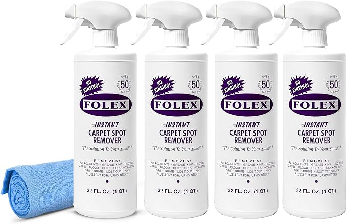 FOLEX Instant Carpet Spot Remover 32 oz – Powerful Stain Remover for Carpets, Upholstery & Rugs – Eliminates Pet Stains, Grease, Red Wine, Food, Makeup & More – With Reusable Cleaning Cloth – 4 Pack