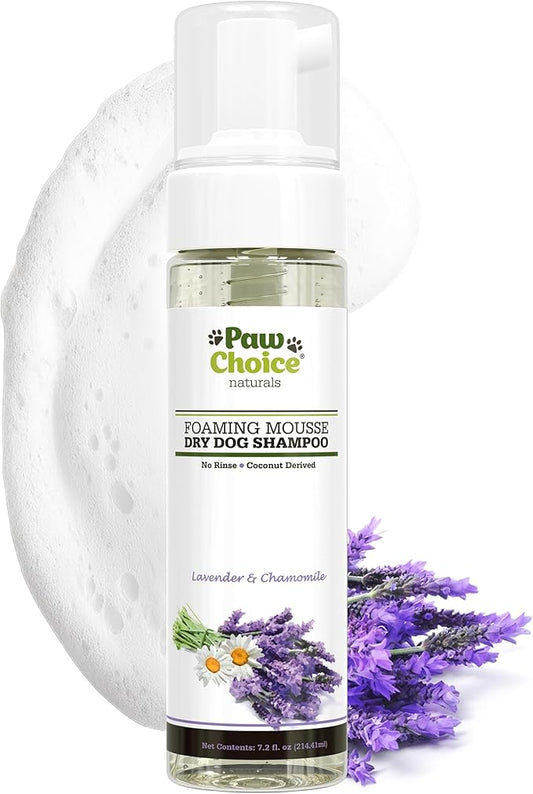 Paw Choice Dog Dry Shampoo - Hypoallergenic Waterless No Rinse Foam - Natural Coconut-Derived Cleanser - Quickly Deodorizes, Cleans & Conditions Between Baths - Made in USA - Lavender Chamomile